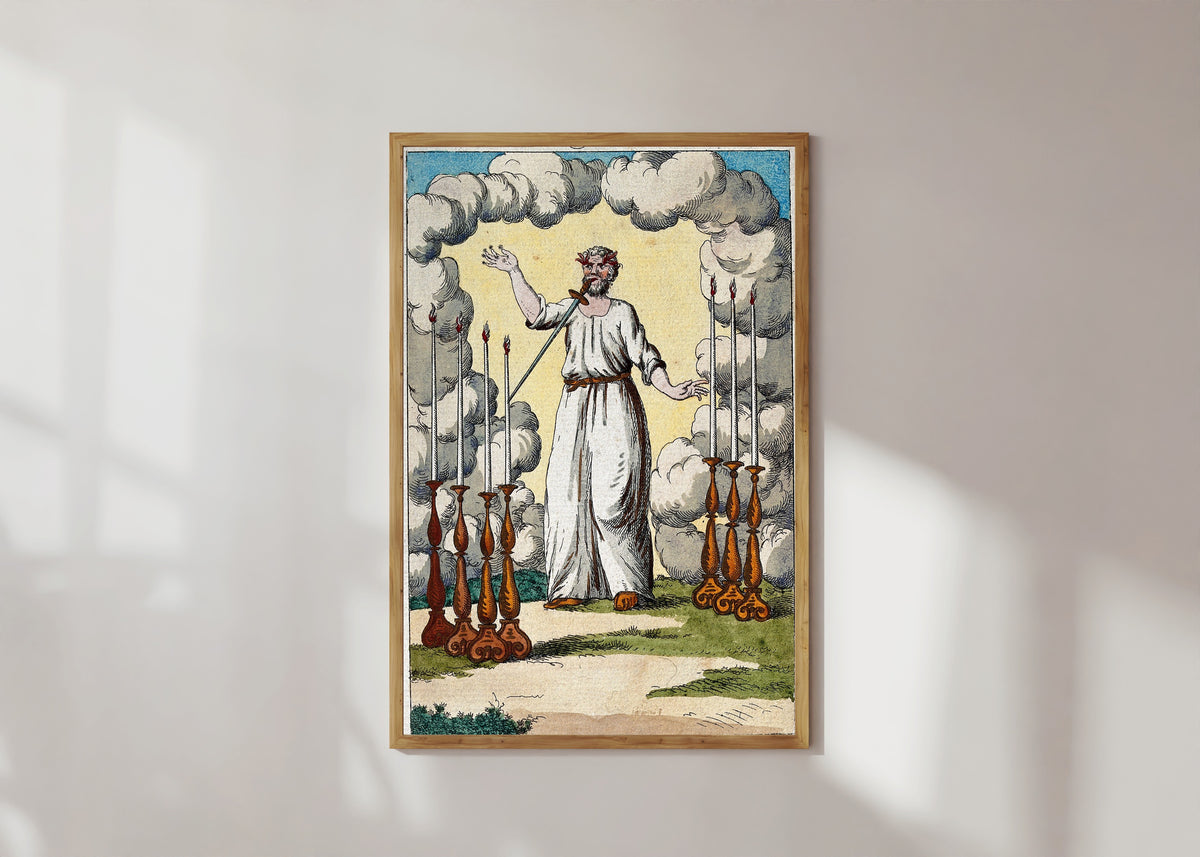 Framed art print of Christ with a Sword in His Mouth between Seven Candlesticks by After Nicolas Flamel, in a light wood frame on a sunlit white wall