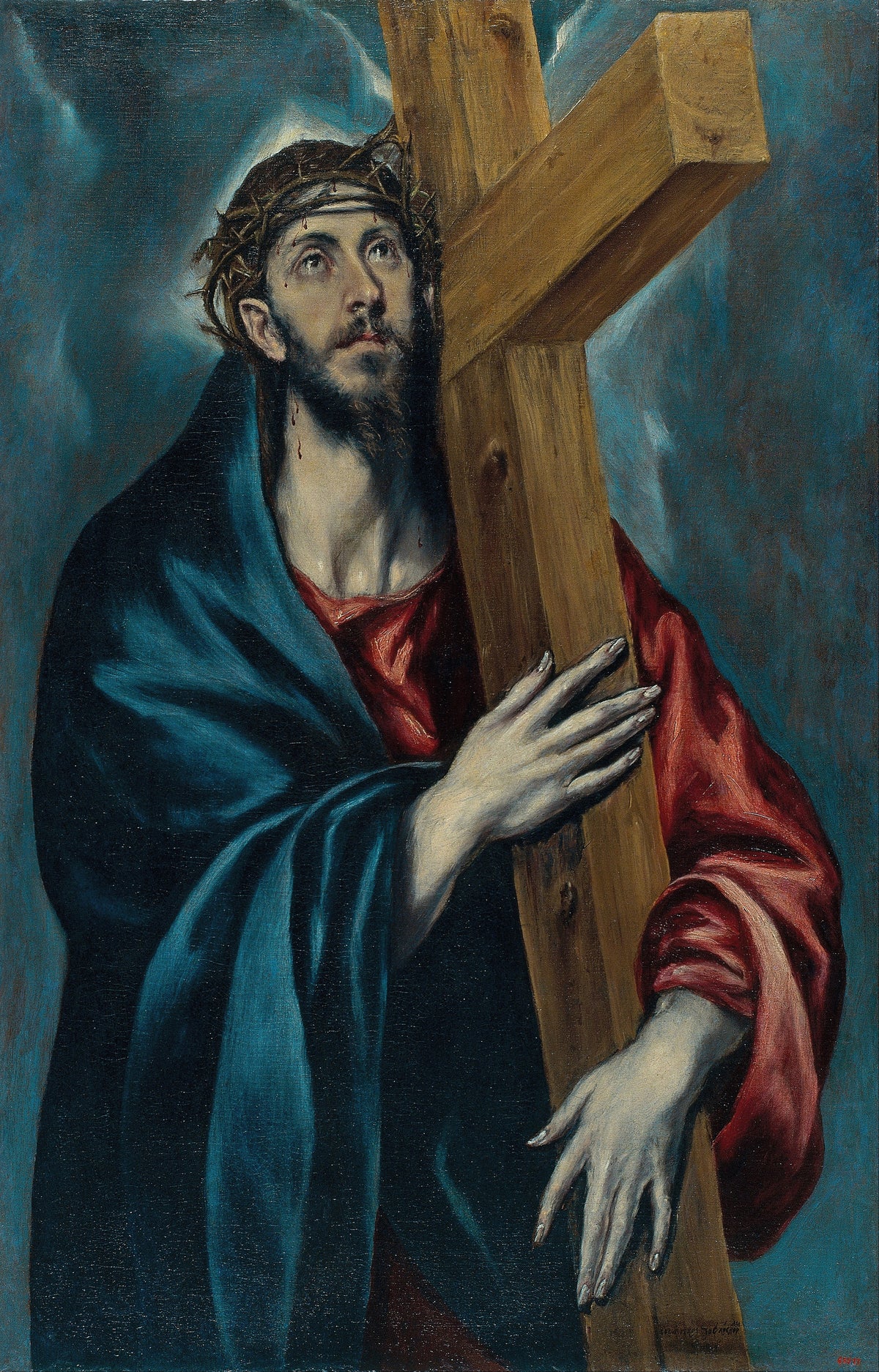 Christ with the Cross by El Greco — A thorn-crowned man in a blue cloak embraces a wooden cross