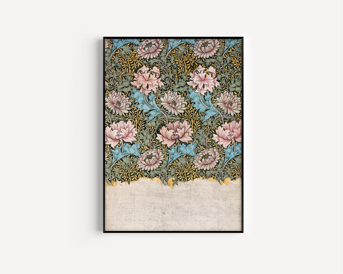 Framed art print of Chrysanthemum (Design Drawing) by William Morris, in a slim black frame on a plain white wall