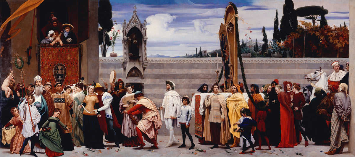 Cimabue's Madonna Carried in Procession by Frederic Leighton — A crowd in medieval dress escorts a painted Madonna through Florence
