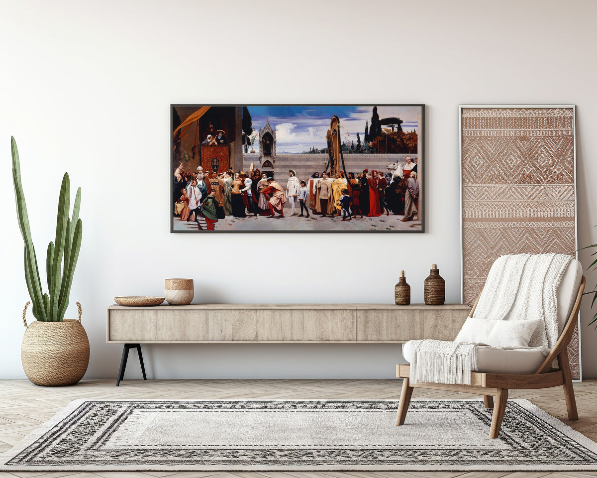 Framed art print of Cimabue's Madonna Carried in Procession by Frederic Leighton, above a sideboard in a living room