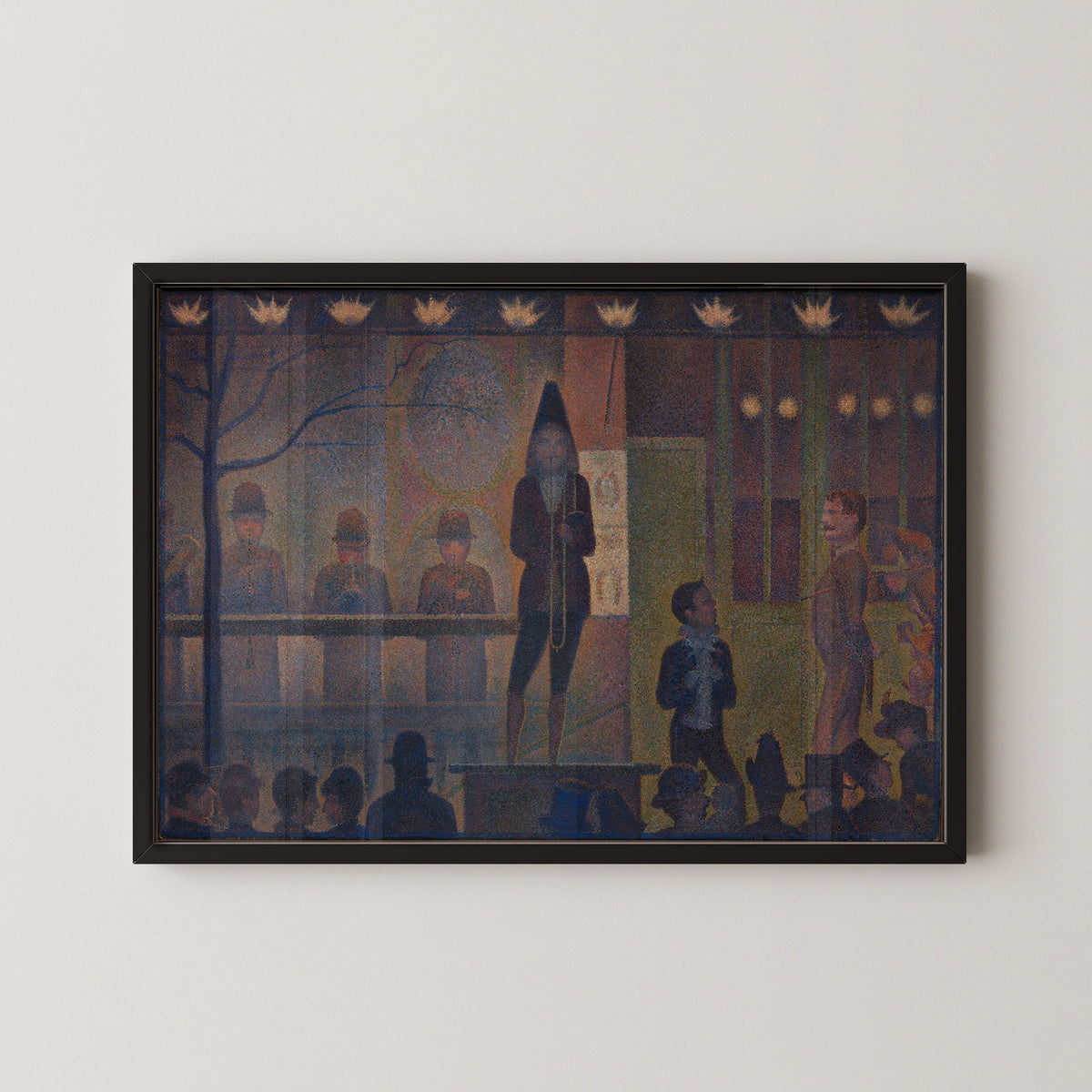 Framed art print of Circus Sideshow (Parade de cirque) by Georges Seurat, in a black frame on a pale wall