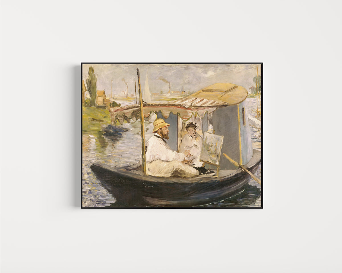 Framed art print of Claude Monet Painting in His Studio Boat by Édouard Manet, in a slim black frame on a plain white wall