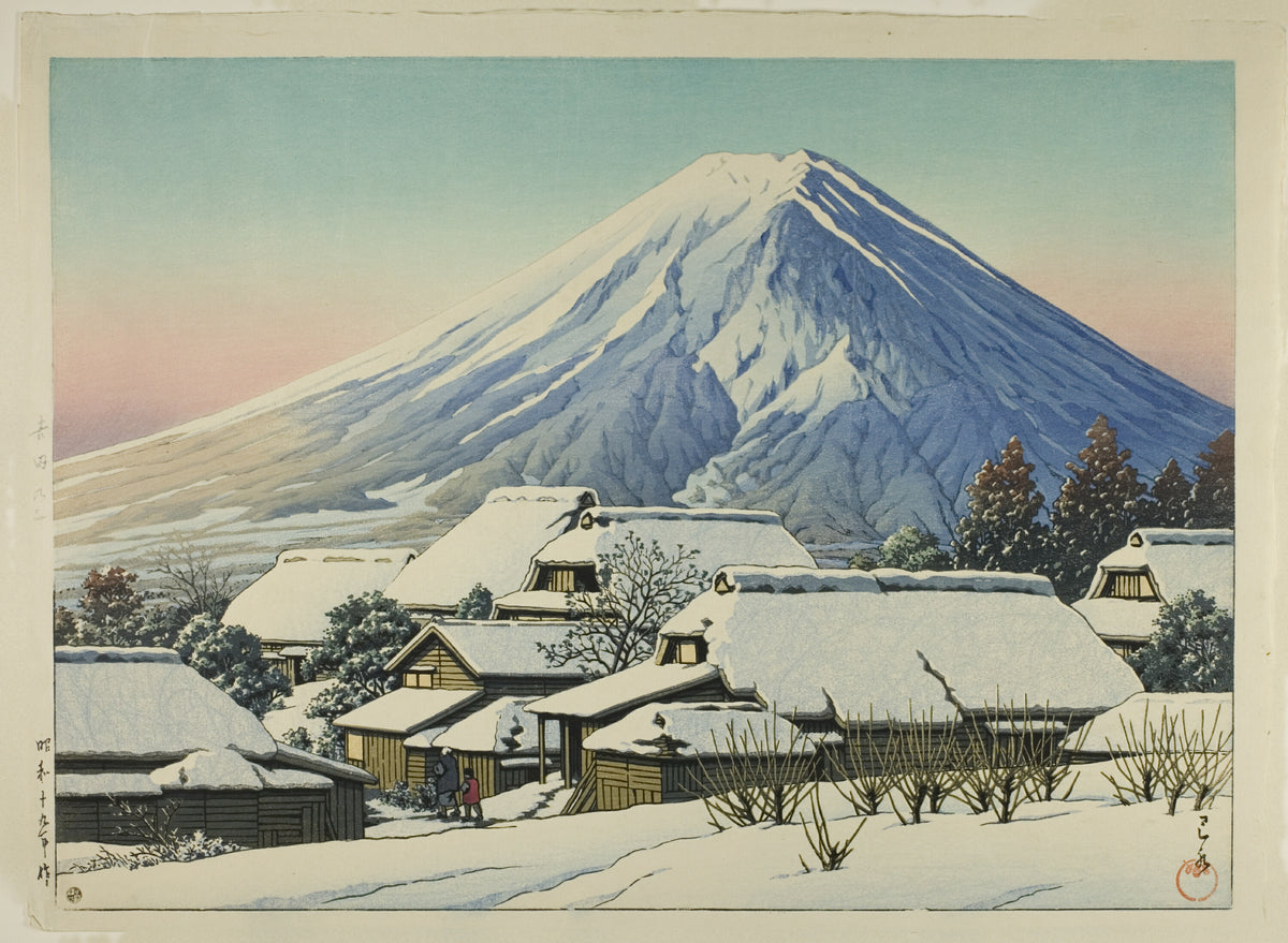 Clearing after a Snowfall, Yoshida by Kawase Hasui — Mount Fuji over a snow-covered village under a pink horizon