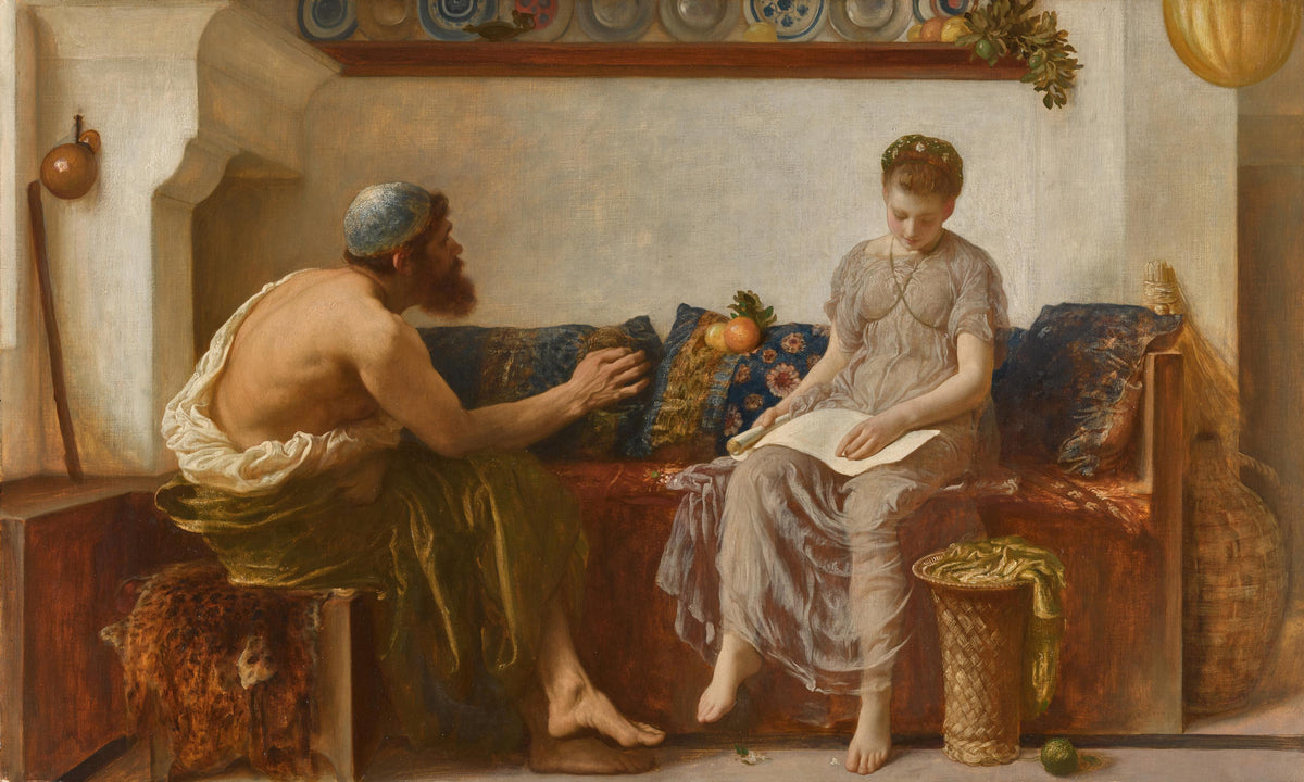 Cleoboulos Instructing his Daughter Cleobouline by Frederic Leighton — A bearded father teaches his daughter as she reads from a scroll