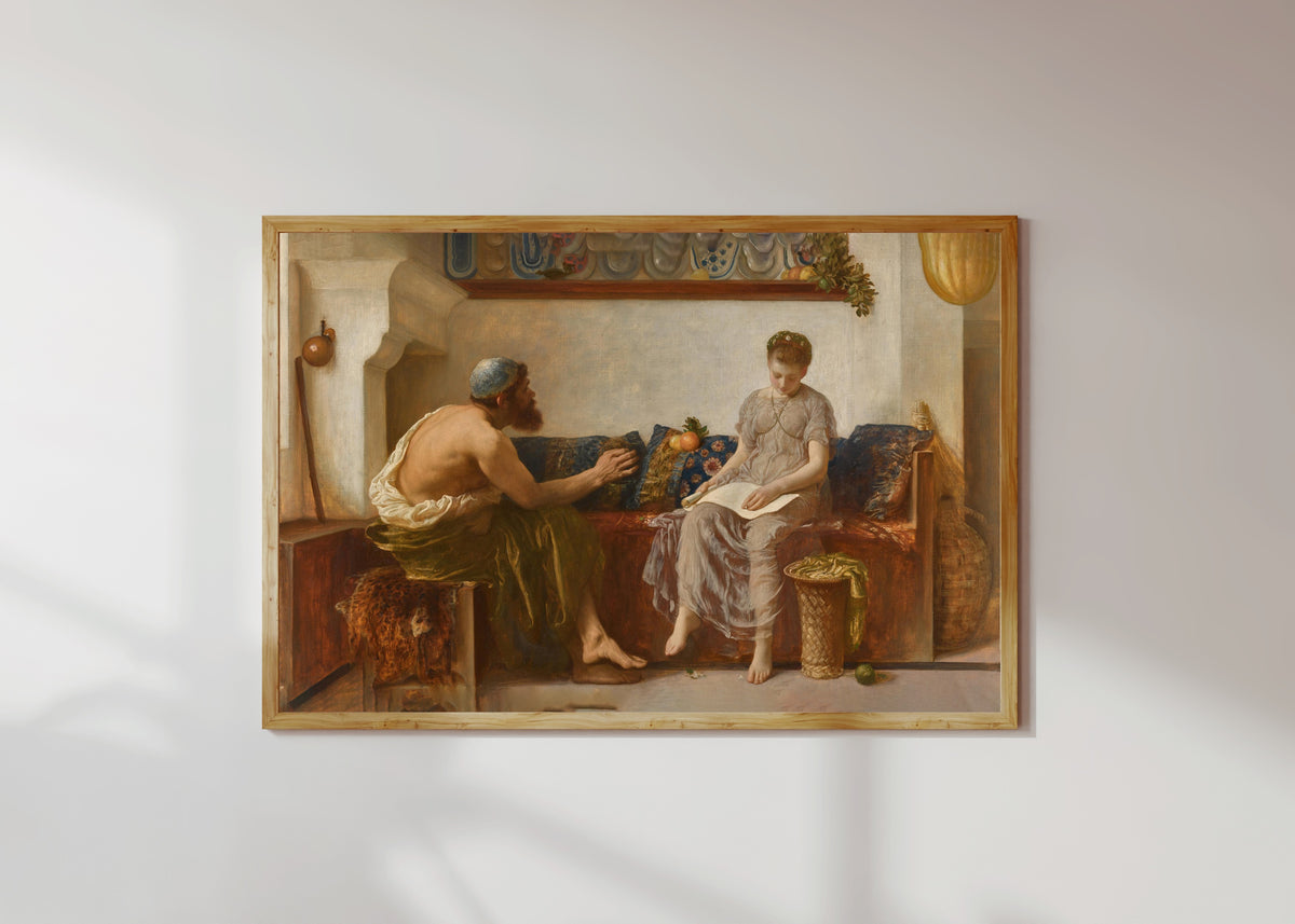 Framed art print of Cleoboulos Instructing his Daughter Cleobouline by Frederic Leighton, in a light wood frame on a sunlit white wall