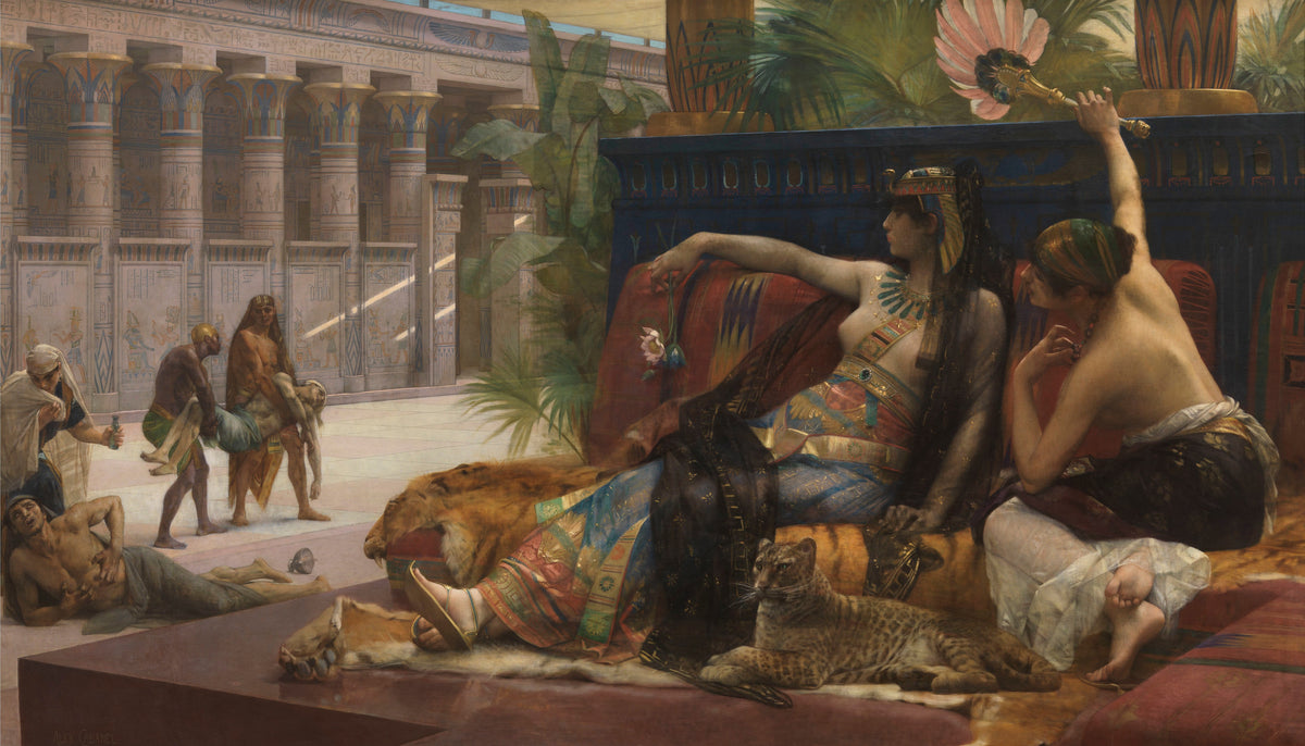 Cleopatra Testing Poisons on Condemned Prisoners by Alexandre Cabanel — Cleopatra reclines on a tiger skin as prisoners fall in the hall