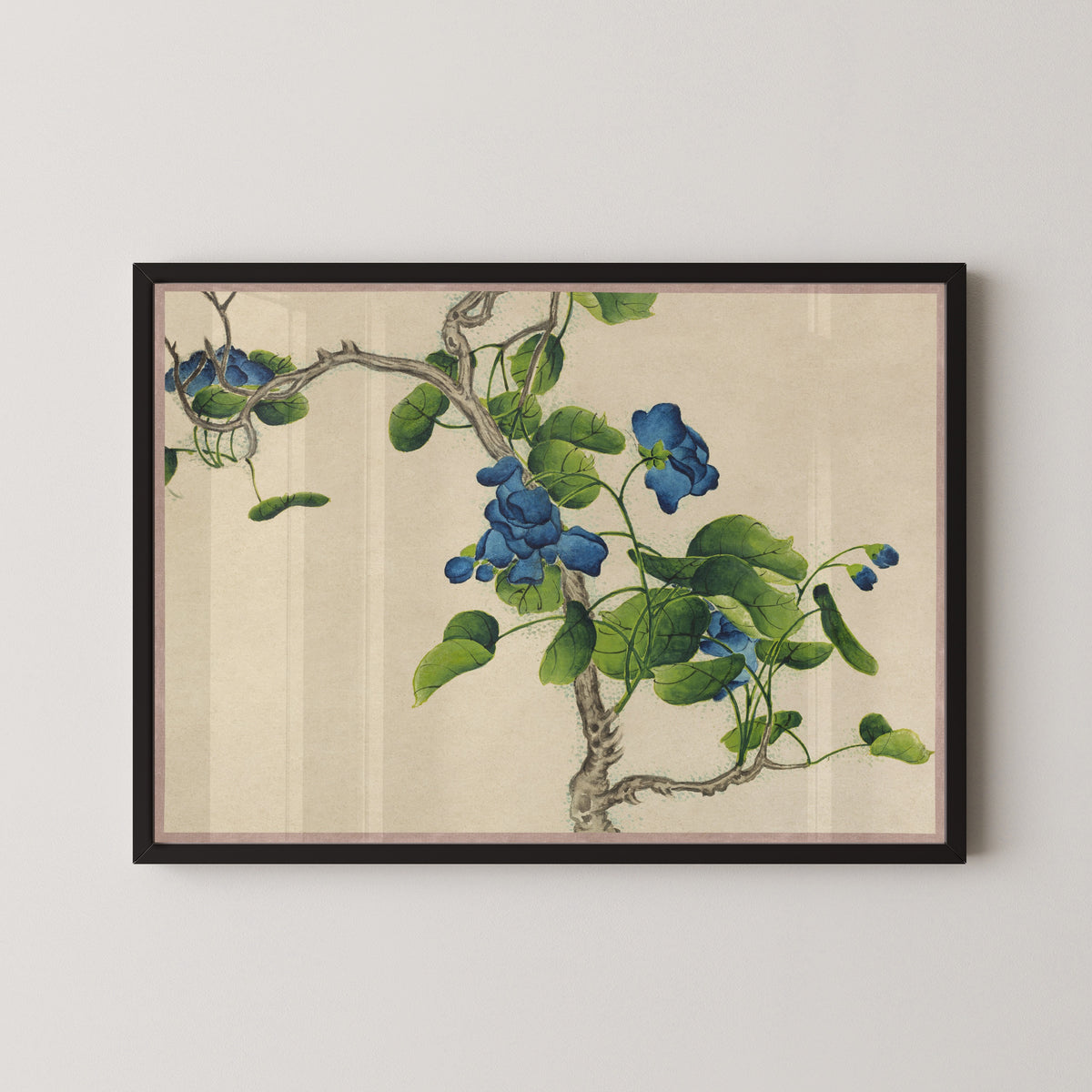 Desk Album: Flower and Bird Paintings (Climbing Blue Flowers) by Zhang Ruoai — in a black frame on a pale wall