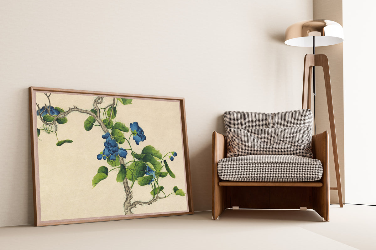 Desk Album: Flower and Bird Paintings (Climbing Blue Flowers) by Zhang Ruoai — framed and leaning against a wall beside an armchair and a floor lamp