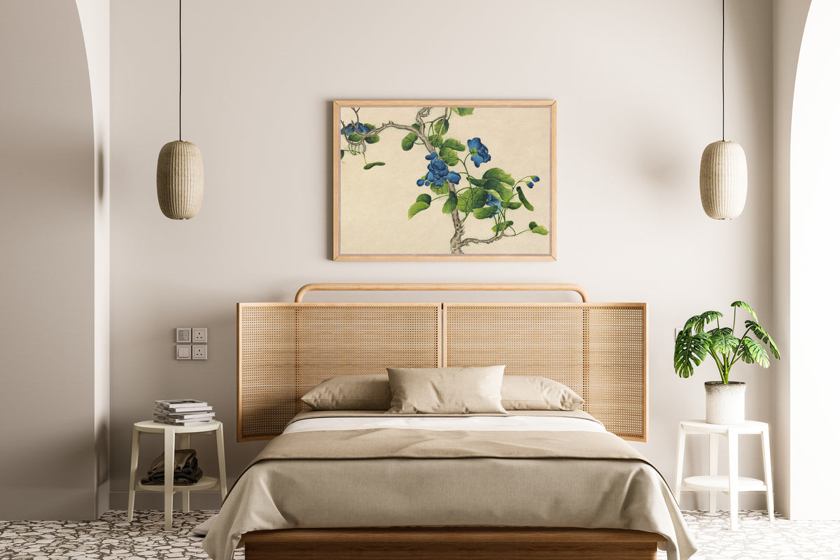 Desk Album: Flower and Bird Paintings (Climbing Blue Flowers) by Zhang Ruoai — framed above a cane-headboard bed