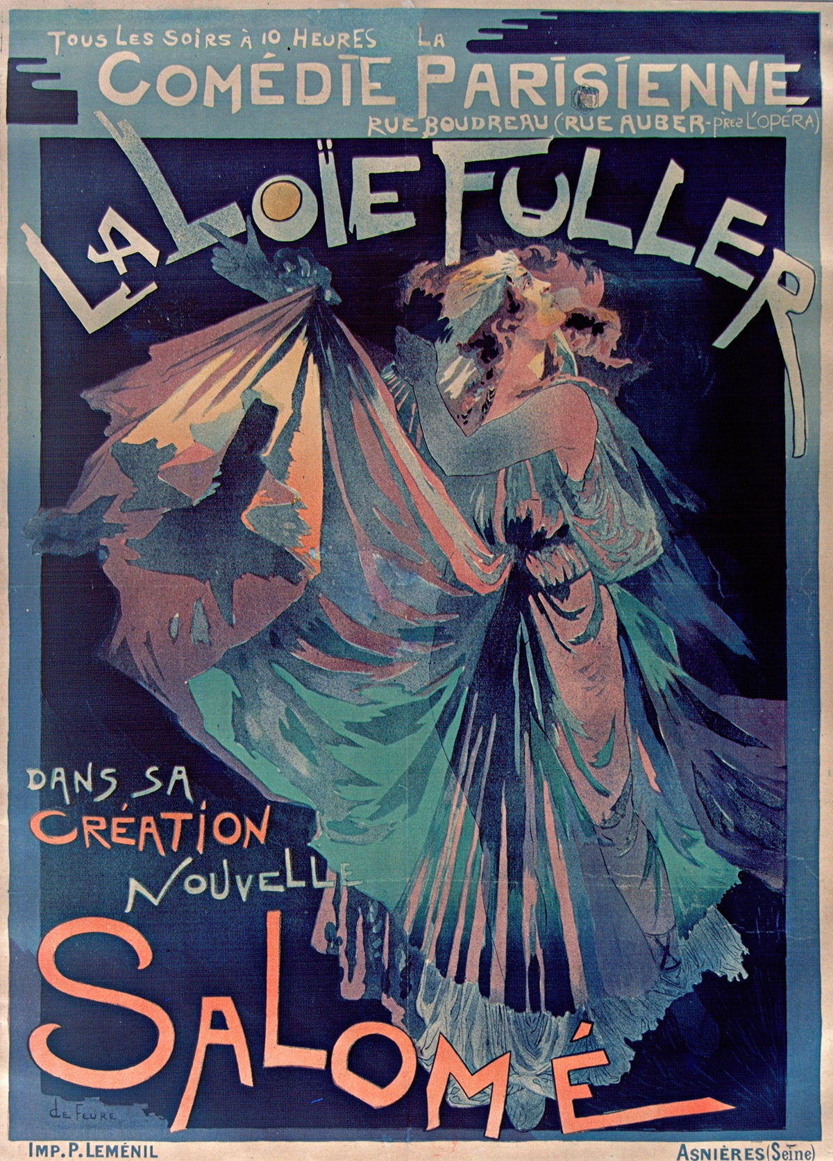 Comédie Parisienne: La Loïe Fuller dans sa création nouvelle, Salomé by Georges de Feure — A dancer in blue-green veils arches back beneath a tilted title