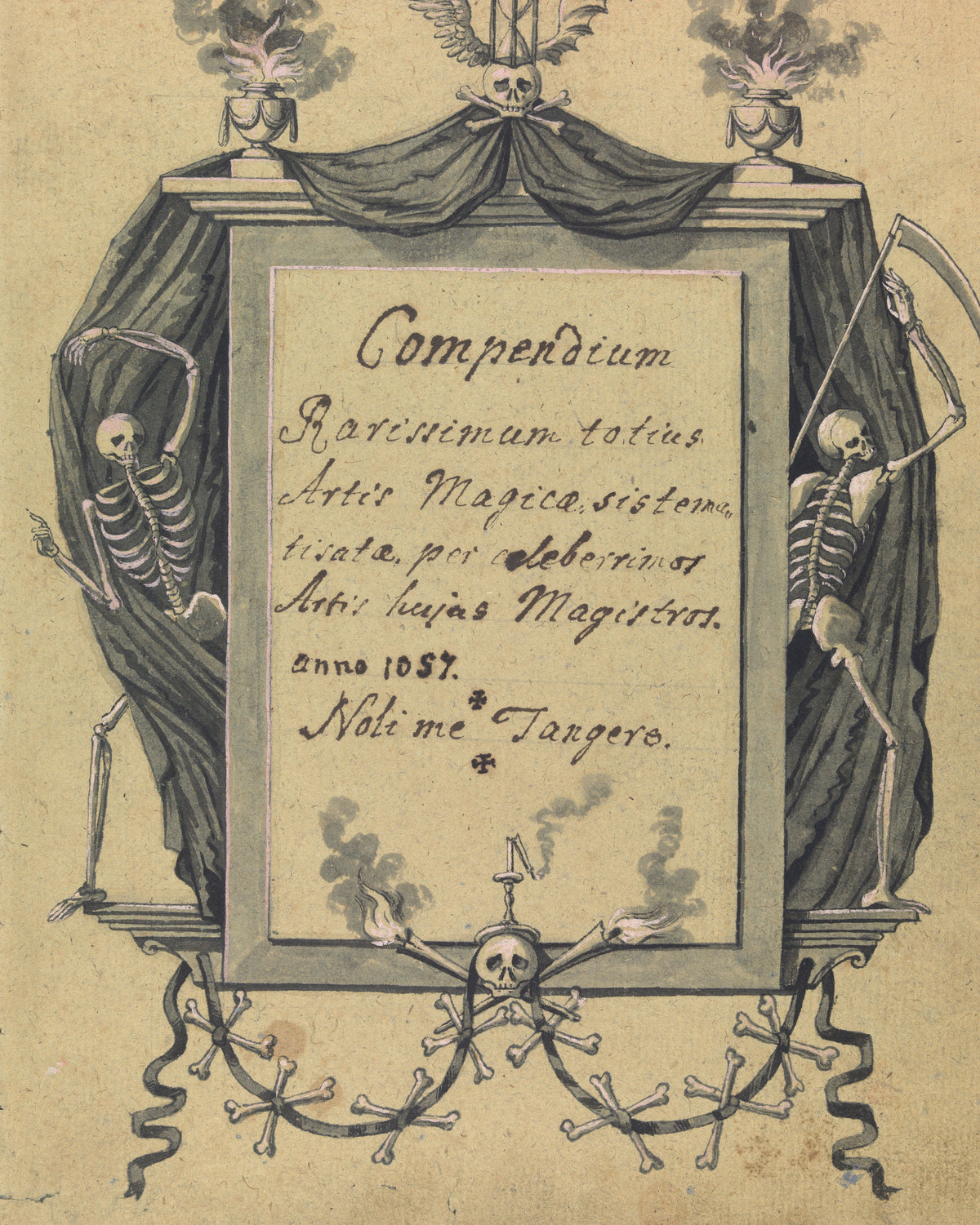 Compendium Rarissimum totius Artis Magicae (Title Page) by Unknown artist — Two skeletons guard a draped tablet beneath a winged hourglass
