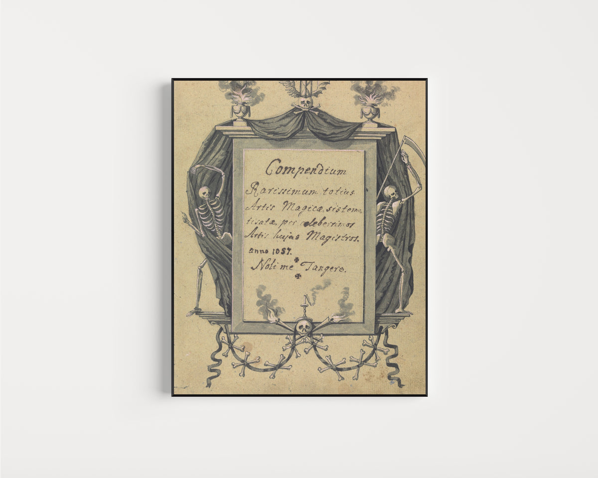 Framed art print of Compendium Rarissimum totius Artis Magicae (Title Page) by Unknown artist, in a slim black frame on a plain white wall