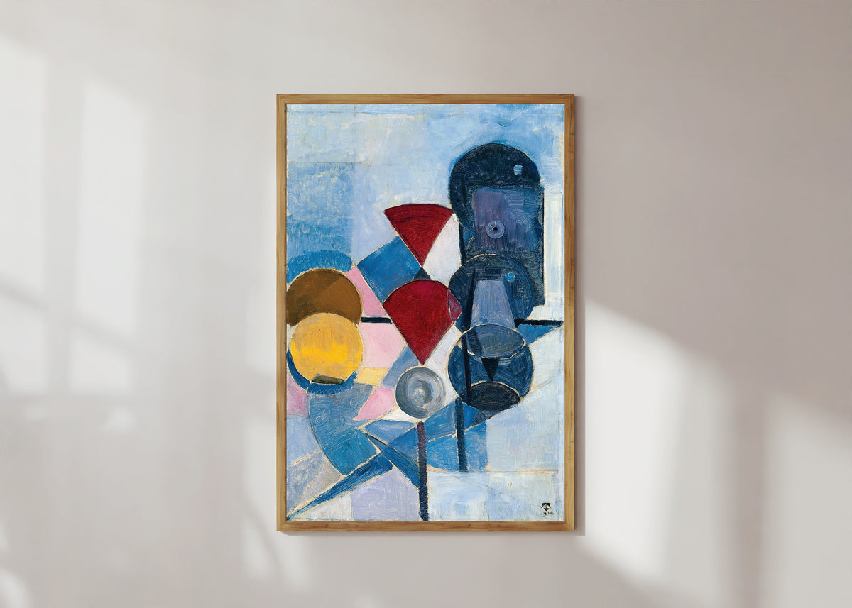 Framed art print of Composition II (Still Life) by Theo van Doesburg, in a light wood frame on a sunlit white wall