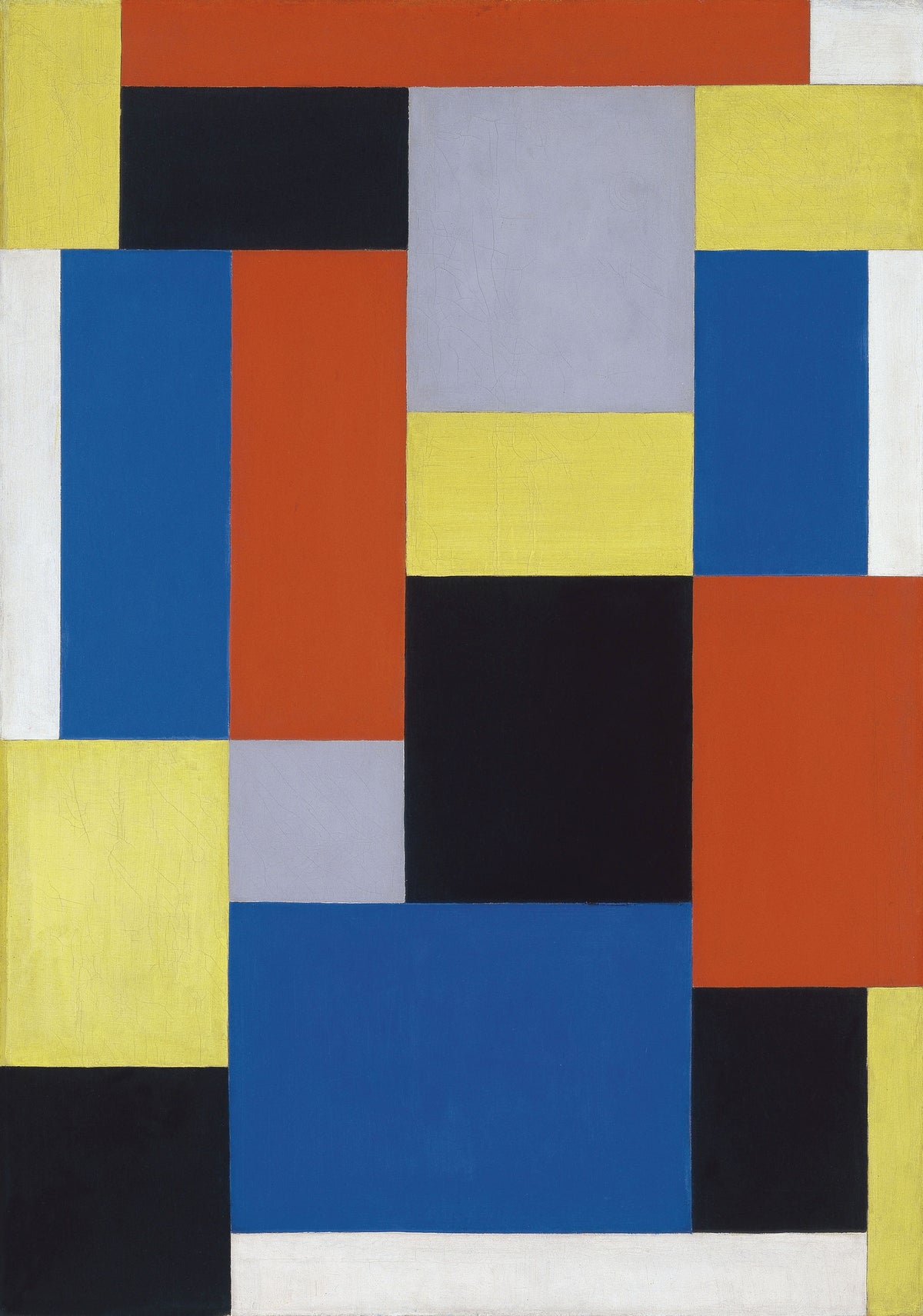 Composition XX by Theo van Doesburg — Muted red, blue, yellow and black rectangles fit edge to edge