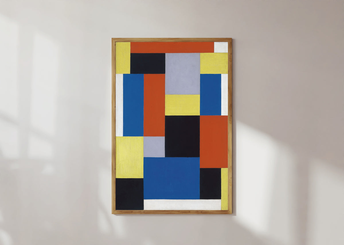 Framed art print of Composition XX by Theo van Doesburg, in a light wood frame on a sunlit white wall