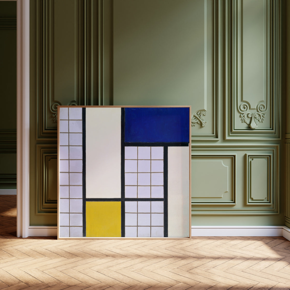 Framed art print of Composition in Half-Tones by Theo van Doesburg, leaning against olive-green panelling on a herringbone floor