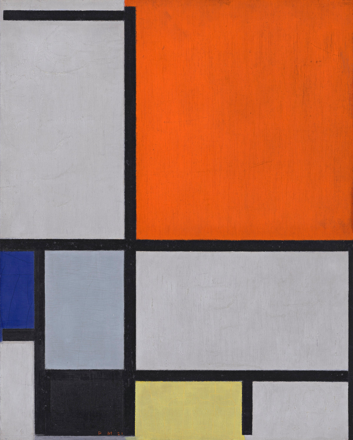 Composition with Large Red Plane, Blue, Gray, Black and Yellow by Piet Mondrian — An orange-red plane above grey panels with blue and yellow