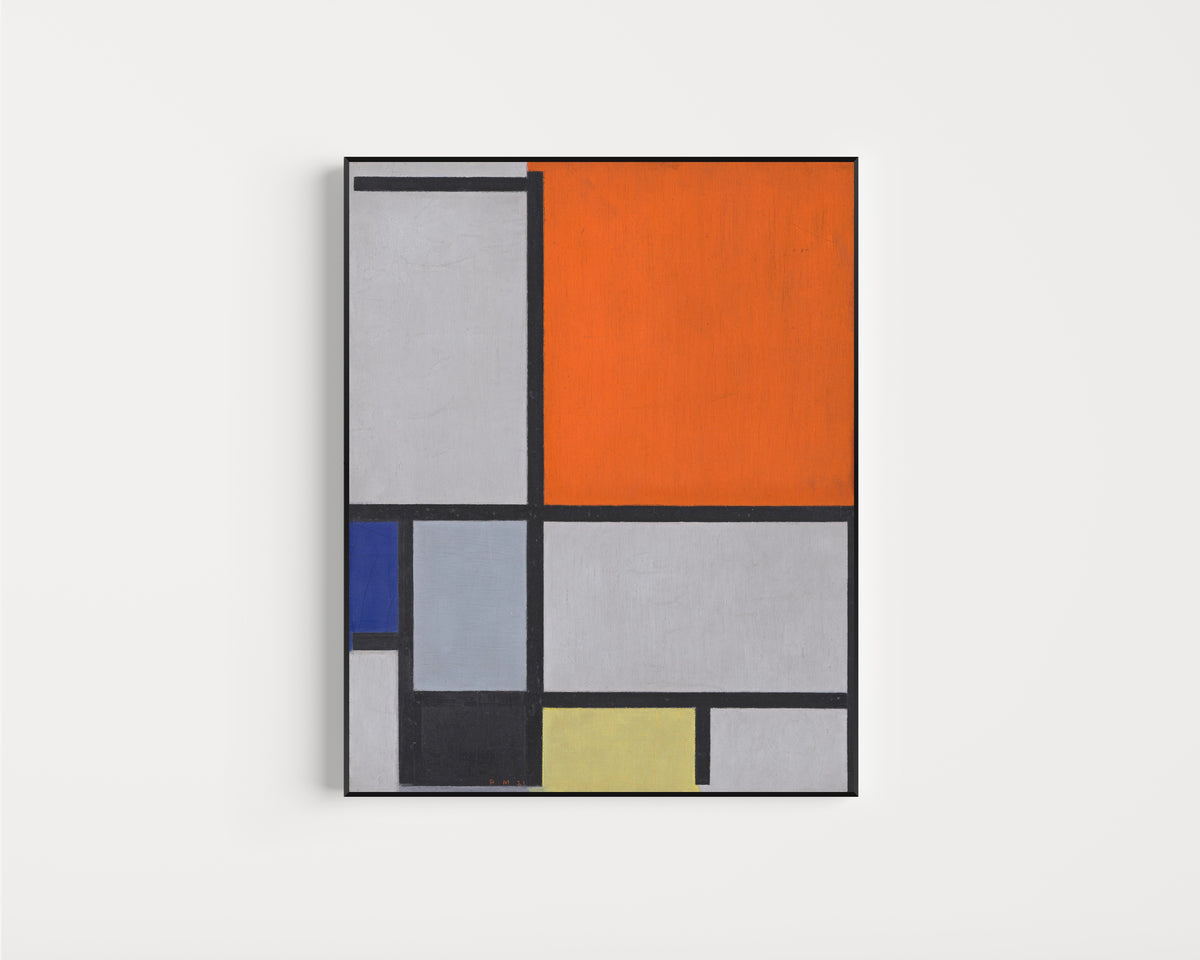 Framed art print of Composition with Large Red Plane, Blue, Gray, Black and Yellow by Piet Mondrian, in a slim black frame on a plain white wall