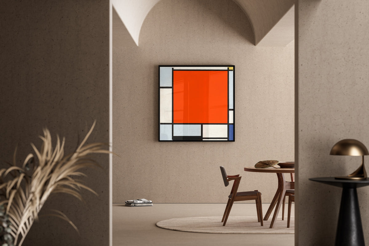 Framed art print of Composition with Large Red Plane, Bluish Gray, Yellow, Black and Blue by Piet Mondrian, in a sunlit dining corner
