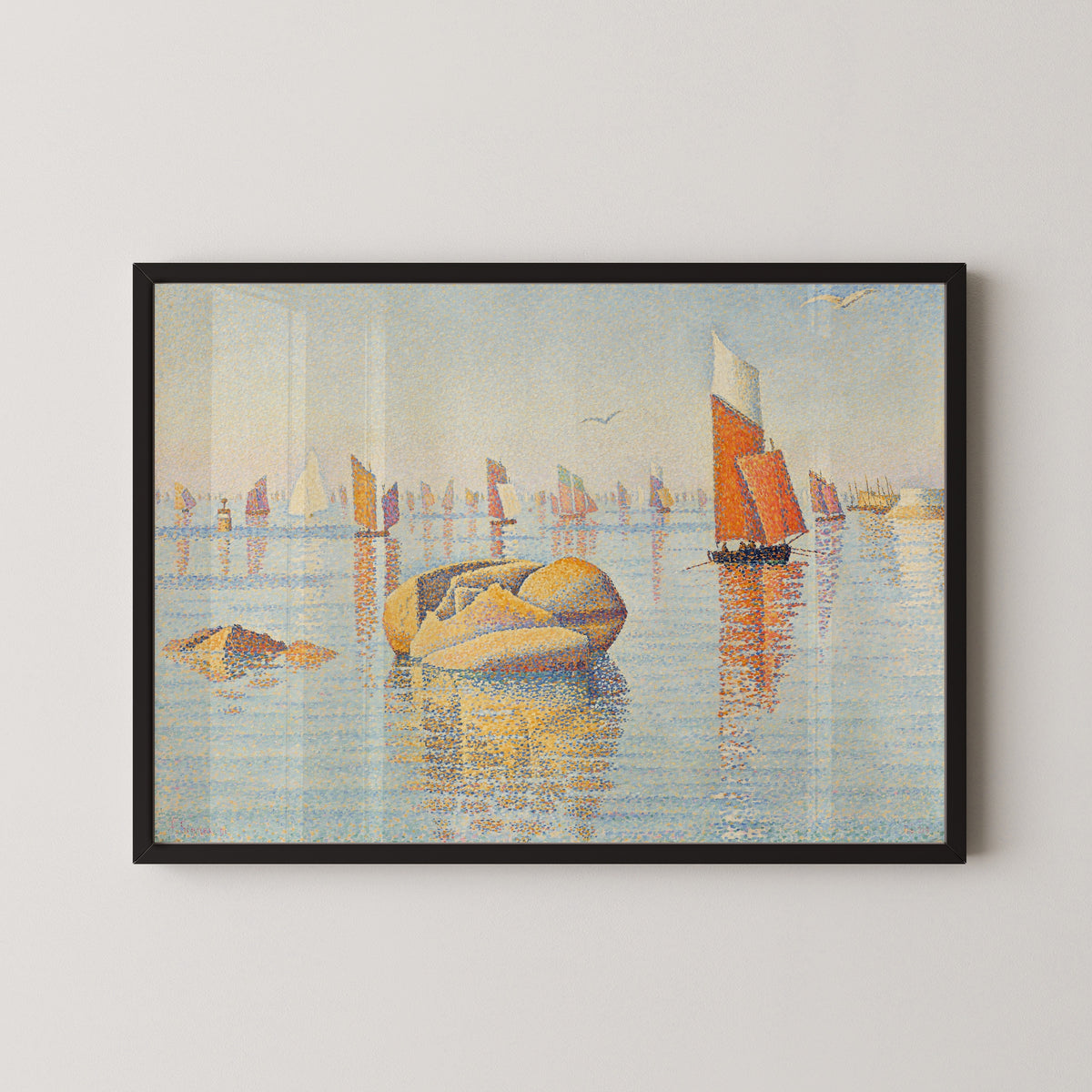 Framed art print of Concarneau, Morning Calm by Paul Signac, in a black frame on a pale wall