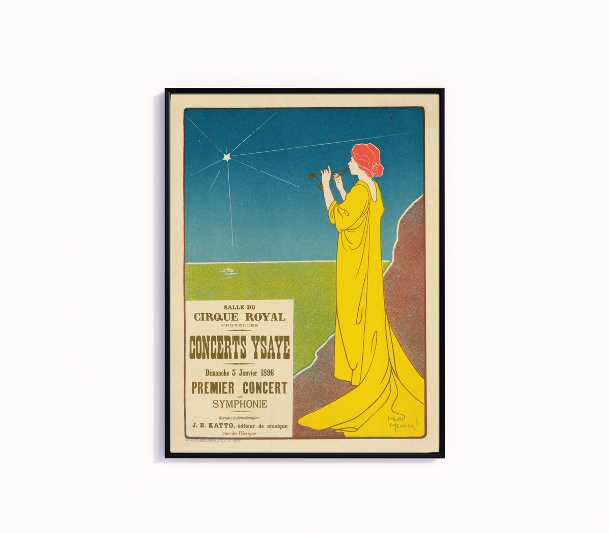 Framed art print of Concerts Ysaÿe by Henri Meunier, in a slim black frame on a plain white wall