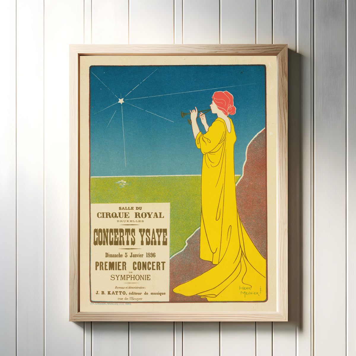 Framed art print of Concerts Ysaÿe by Henri Meunier, in a light wood frame on a white panelled wall