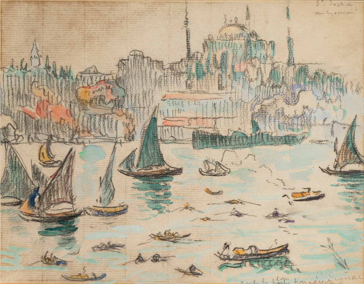 Constantinople, Sainte-Sophie by Paul Signac — A busy harbour of sails and rowing boats under a domed mosque