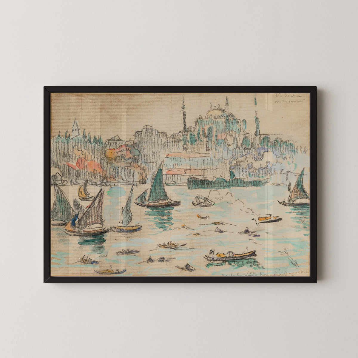 Framed art print of Constantinople, Sainte-Sophie by Paul Signac, in a black frame on a pale wall