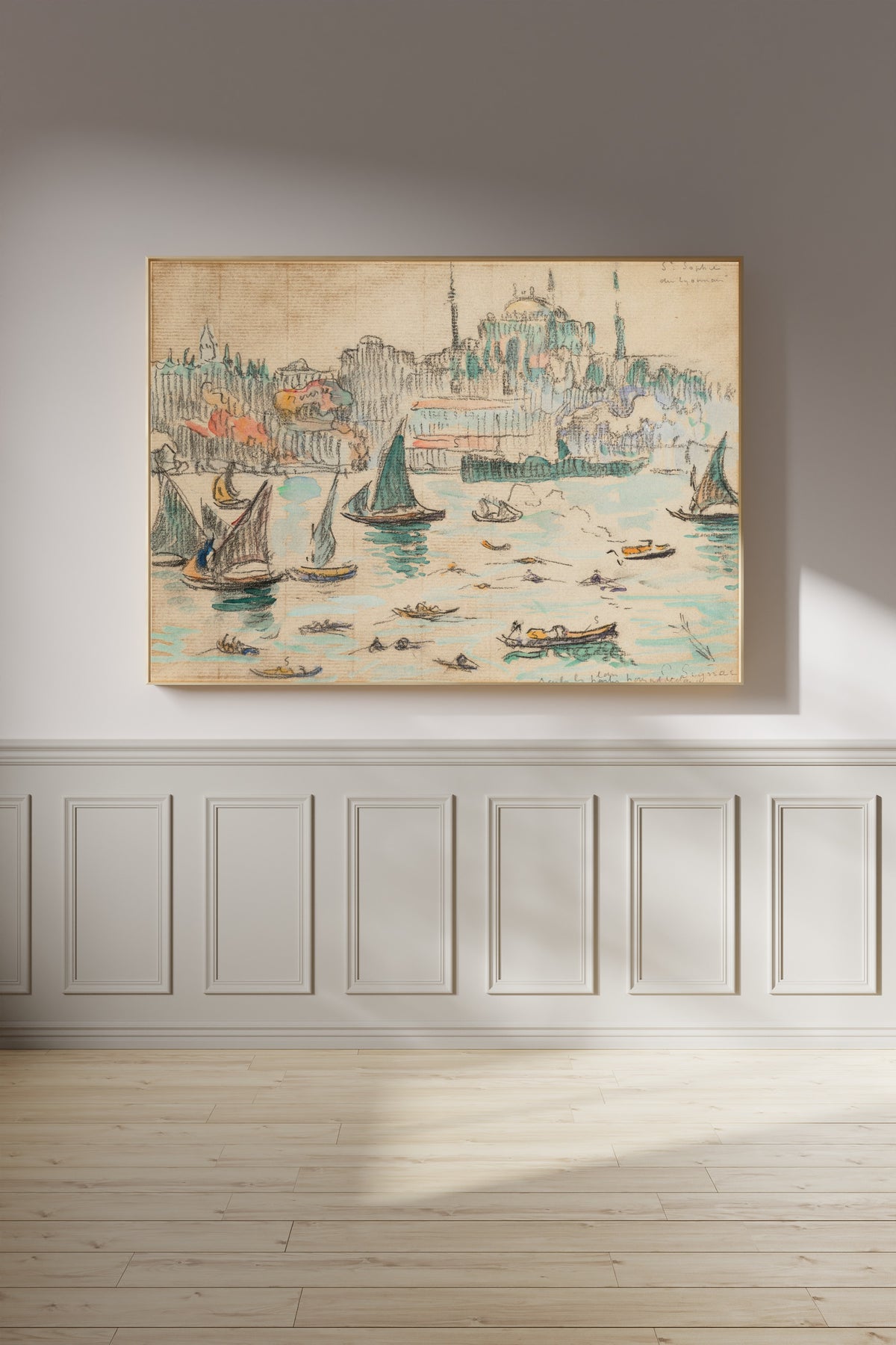 Framed art print of Constantinople, Sainte-Sophie by Paul Signac, on a panelled wall in afternoon light