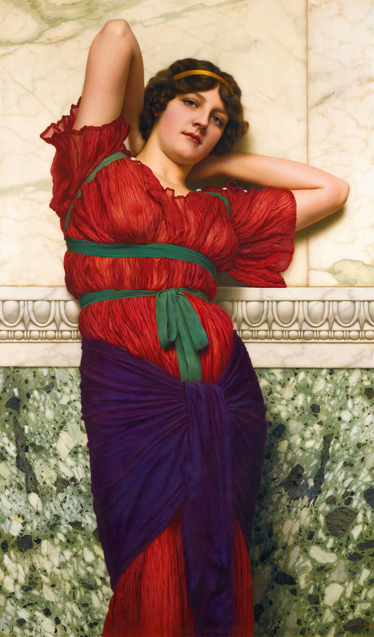Contemplation by John William Godward — A woman in red robes leans back against a marble wall, arms raised