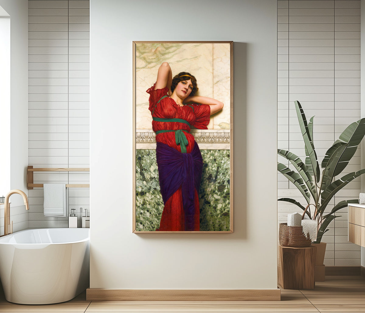 Framed art print of Contemplation by John William Godward, in a bathroom beside a freestanding tub