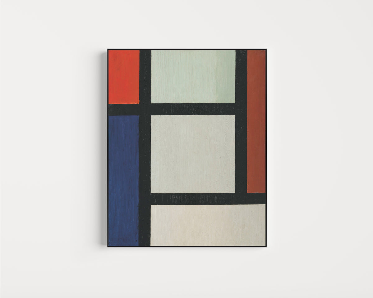 Framed art print of Contra-Composition by Theo van Doesburg, in a slim black frame on a plain white wall