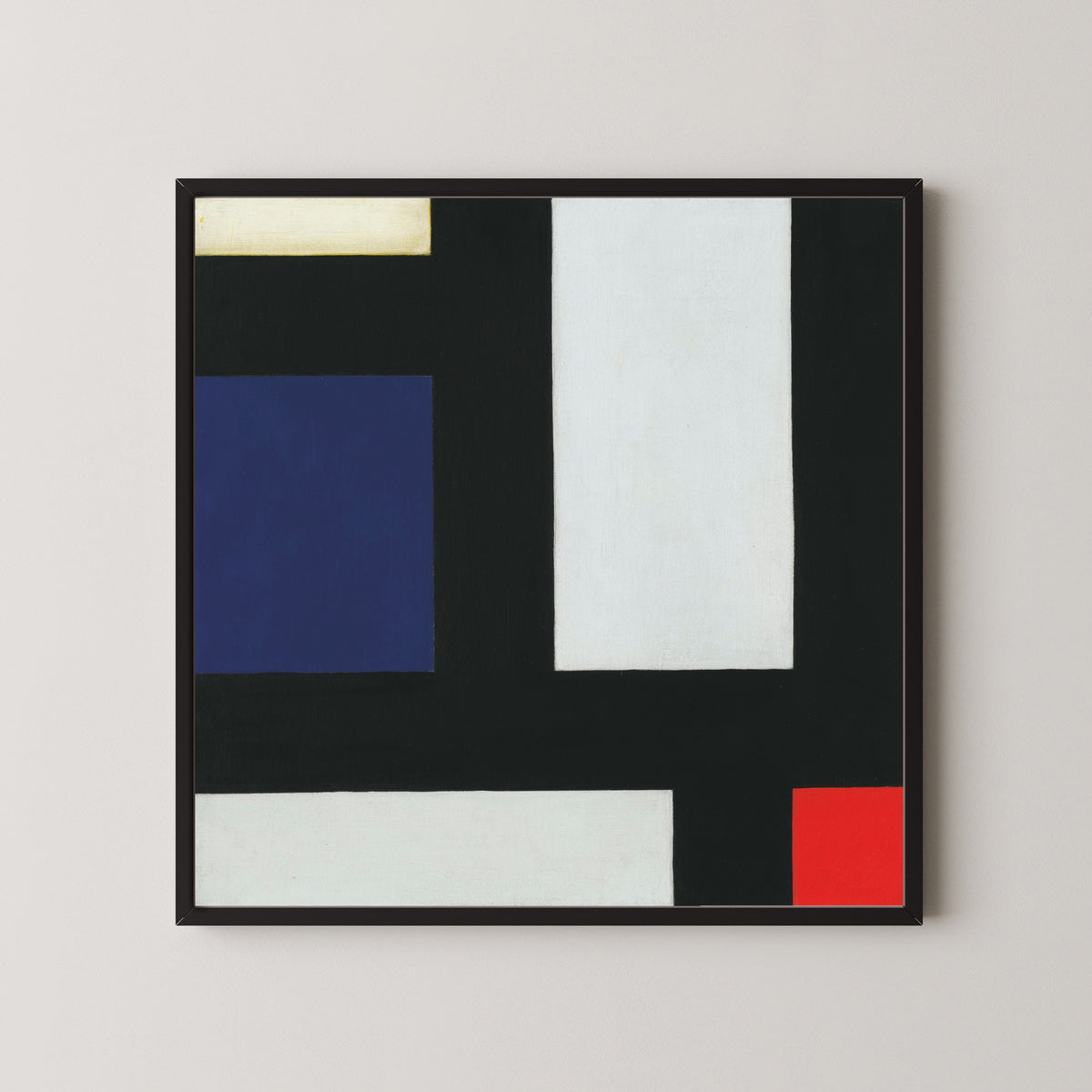 Framed art print of Contra-composition IV by Theo van Doesburg, in a black frame on a pale wall
