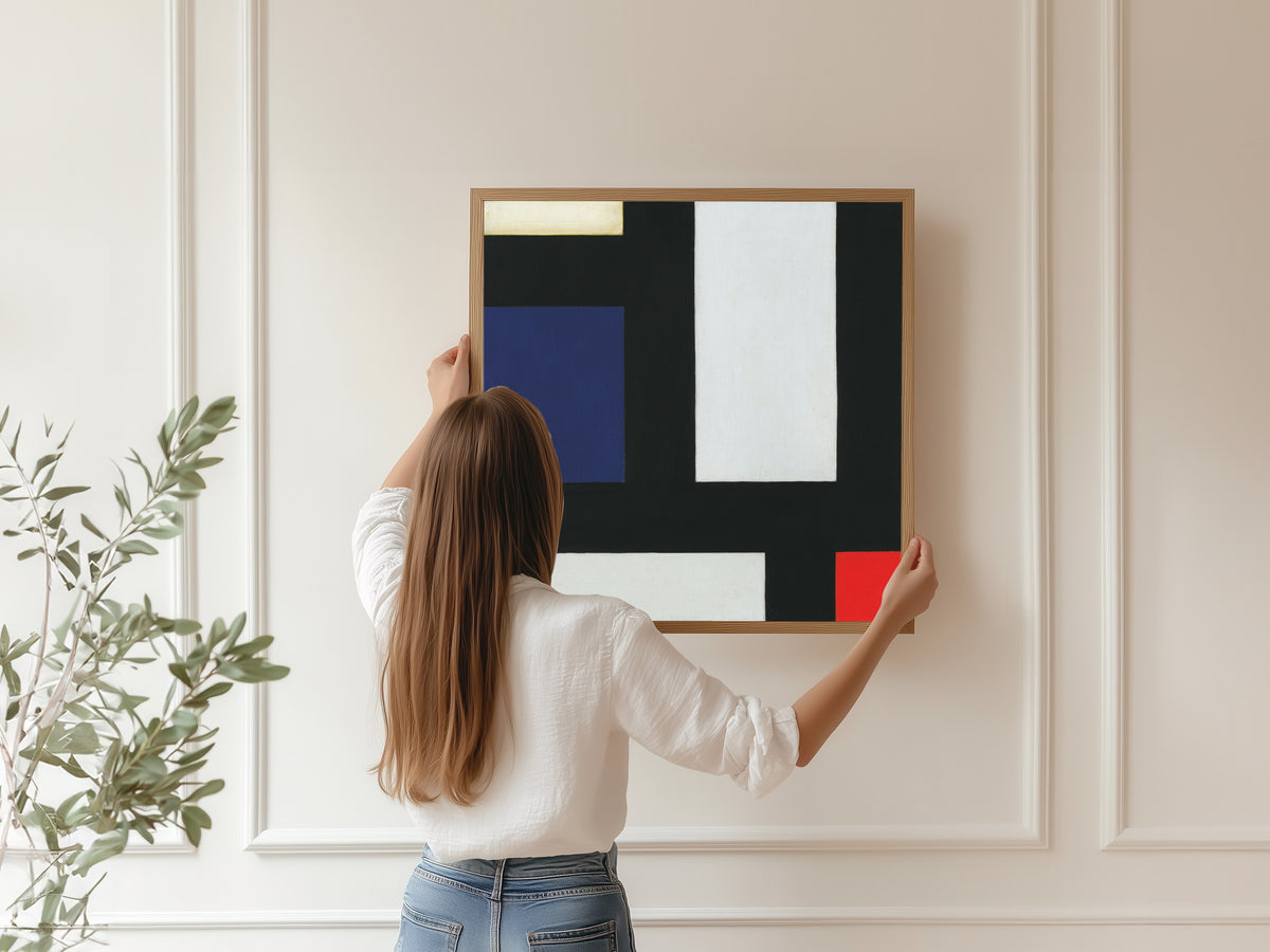 Framed art print of Contra-composition IV by Theo van Doesburg, hung on a panelled wall