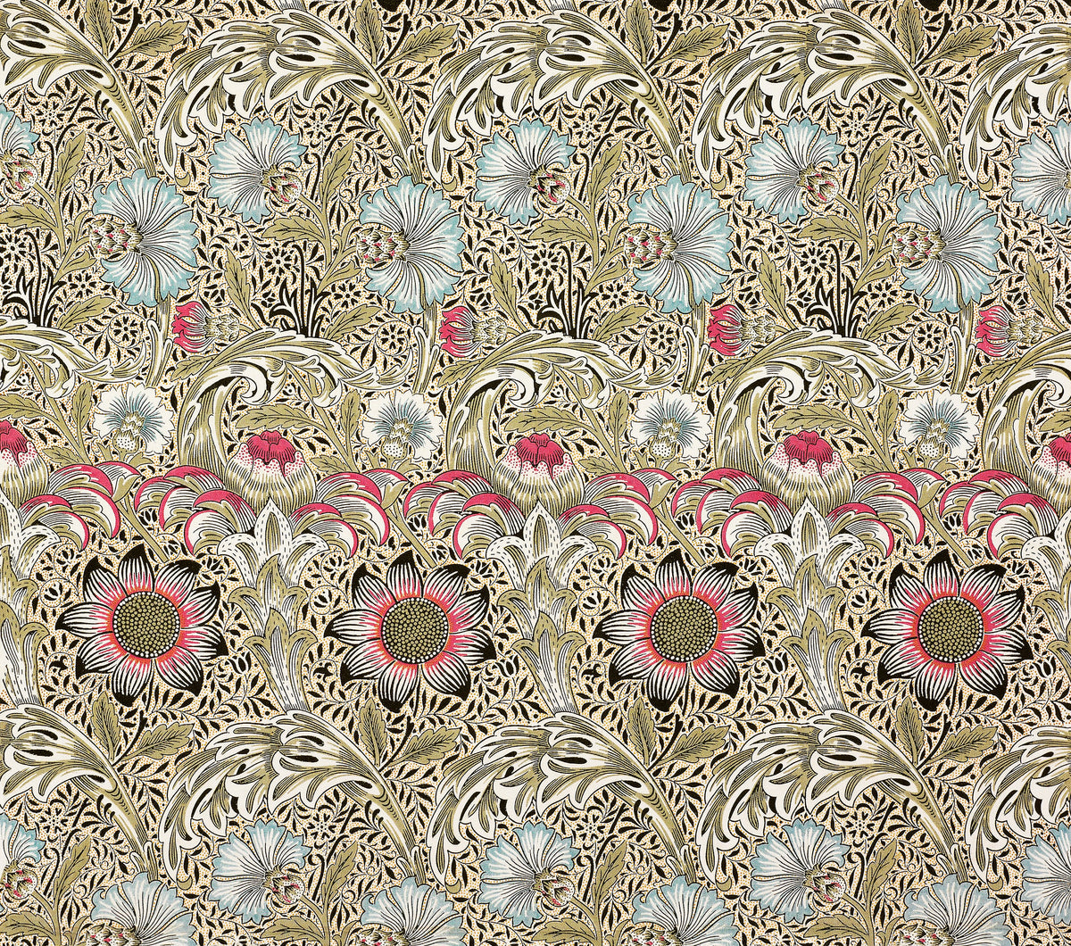 Corncockle by William Morris — Bands of blue, pink and olive blooms over a black-flecked ground
