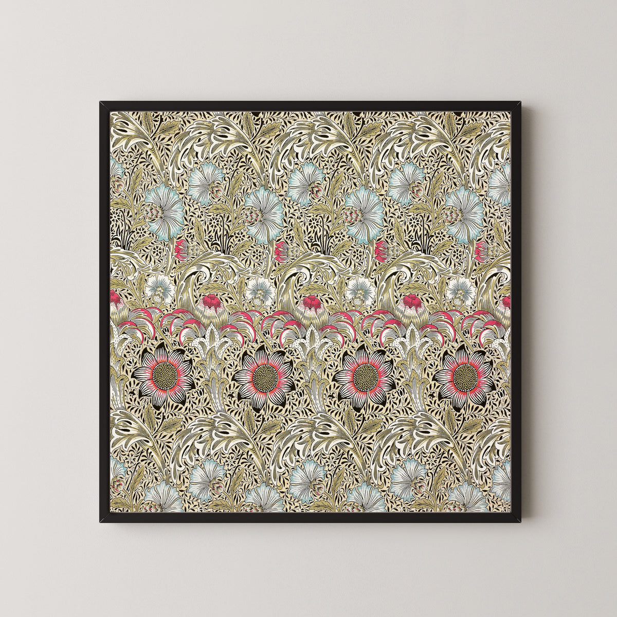 Framed art print of Corncockle by William Morris, in a black frame on a pale wall