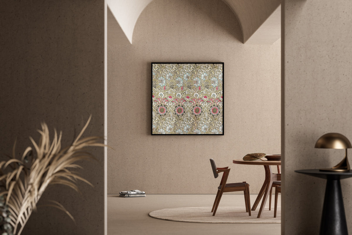 Framed art print of Corncockle by William Morris, in a sunlit dining corner