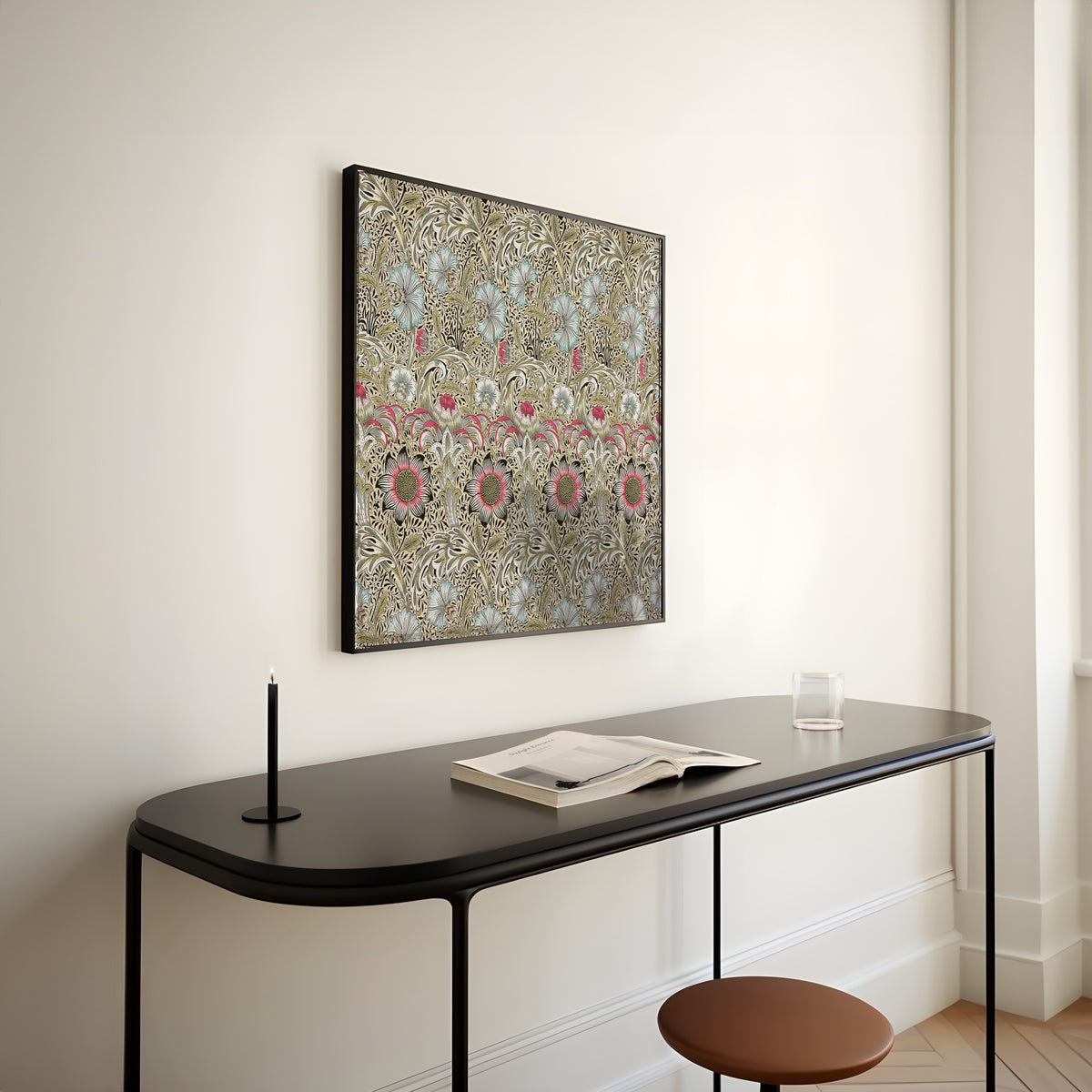 Framed art print of Corncockle by William Morris, above a slim black console table