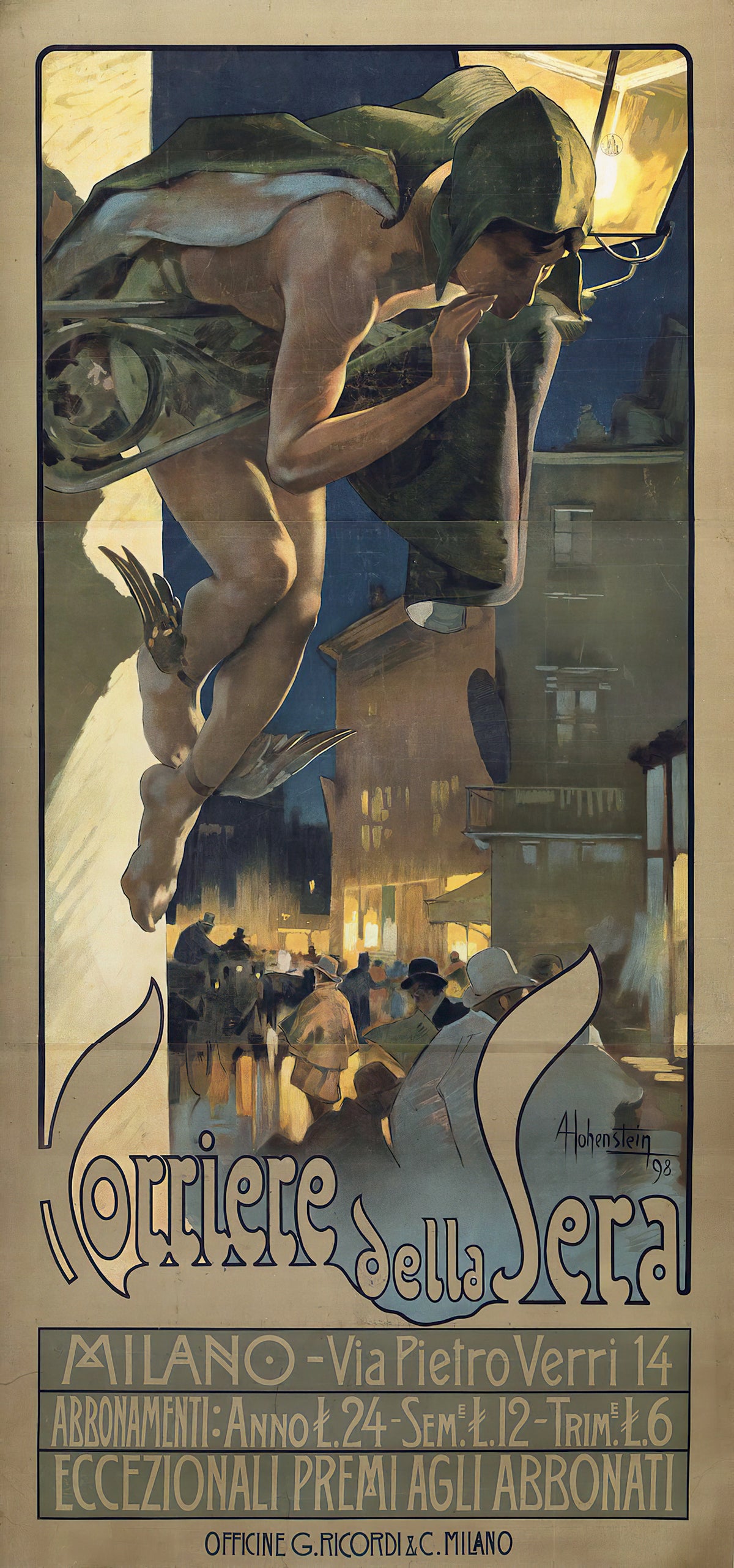Corriere della Sera, Milano by Adolfo Hohenstein — A winged messenger swoops over a lamplit street at night