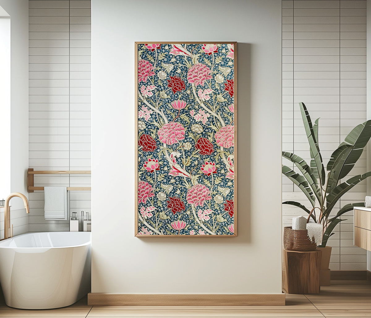 Framed art print of Cray by William Morris, in a bathroom beside a freestanding tub