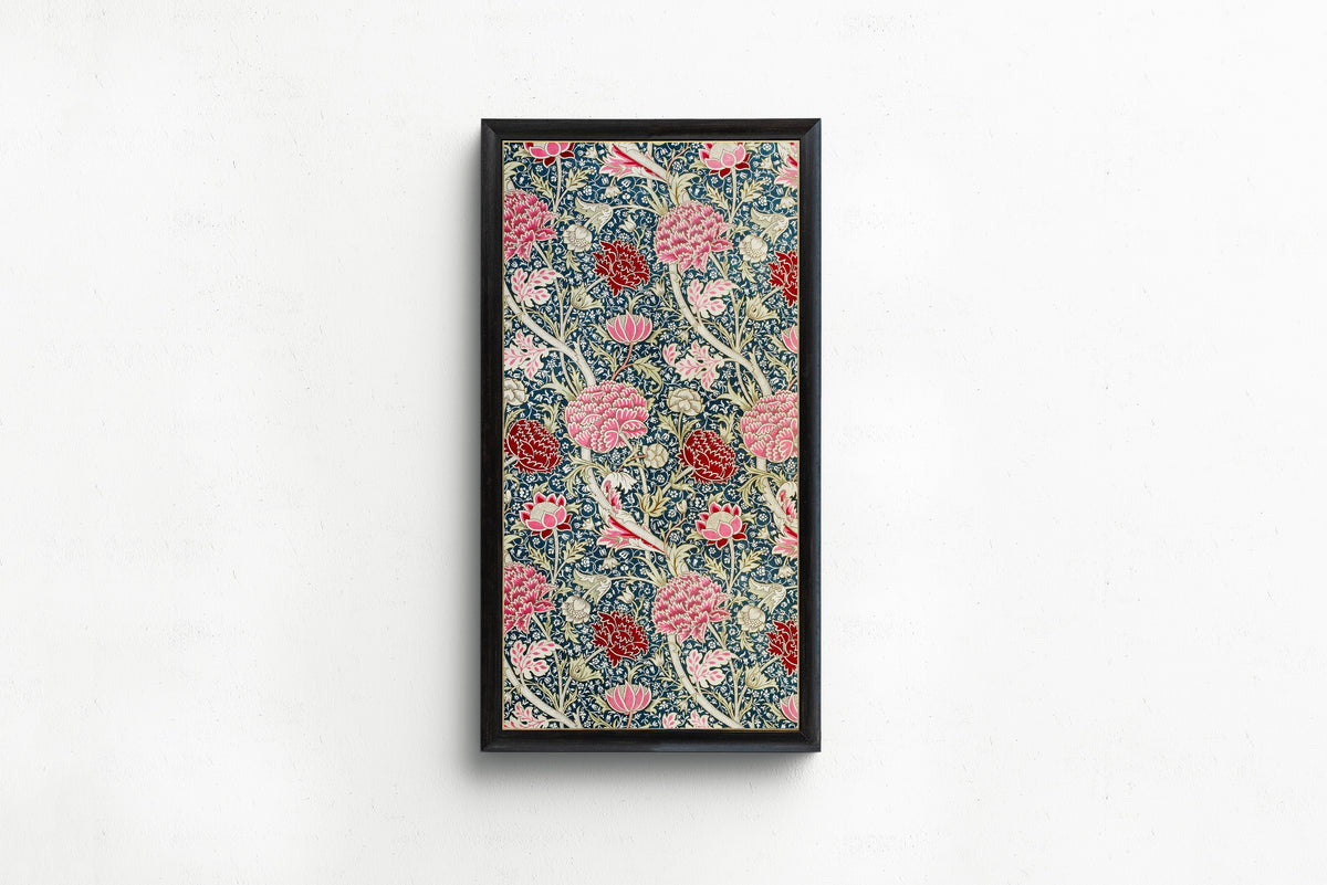 Framed art print of Cray by William Morris, in a slim black frame on a plain white wall