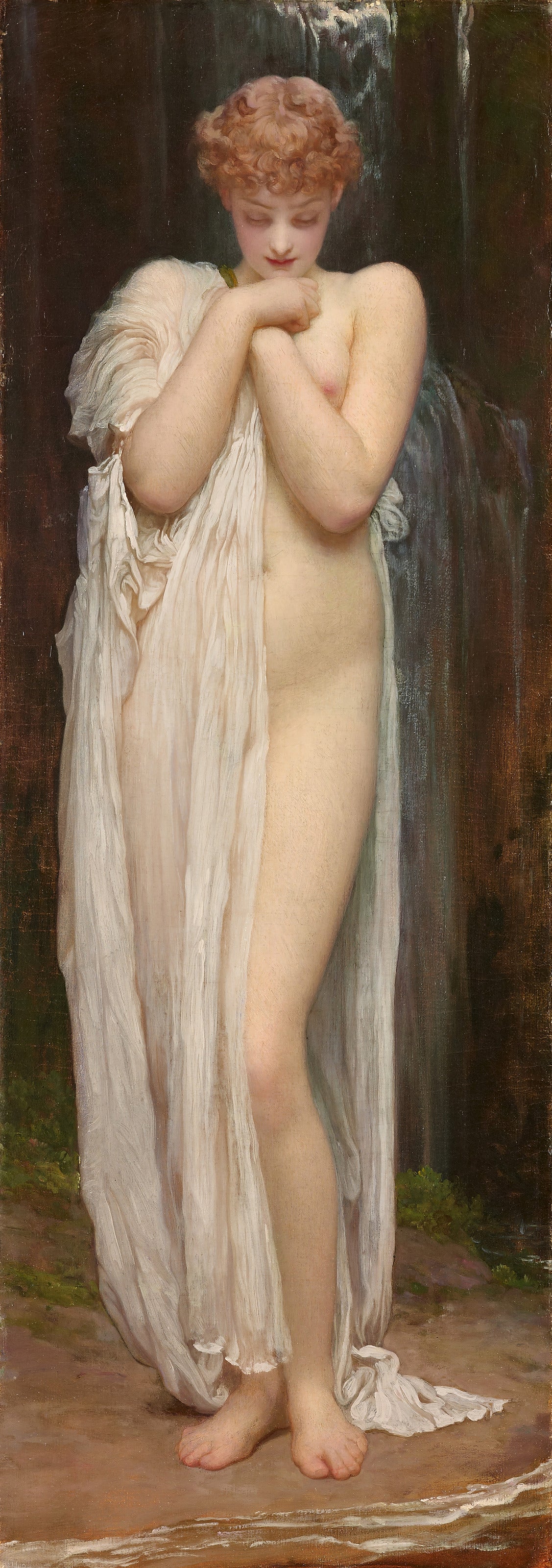 Crenaia, the Nymph of the Dargle by Frederic Leighton — A red-haired river nymph stands by a falling stream in white drapery