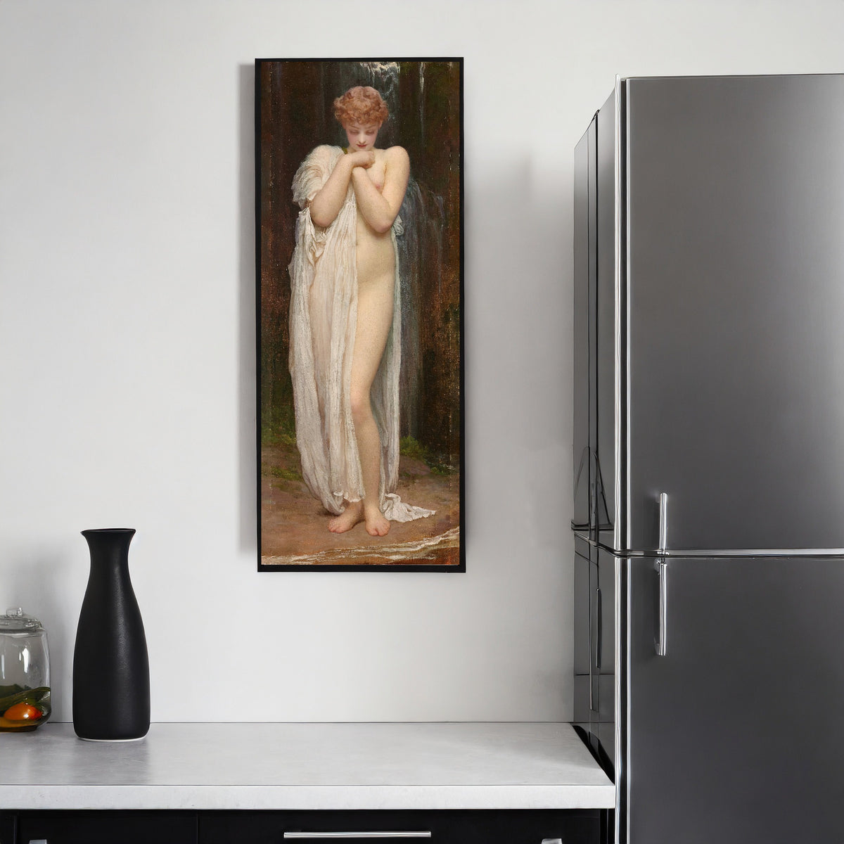 Framed art print of Crenaia, the Nymph of the Dargle by Frederic Leighton, on a kitchen wall