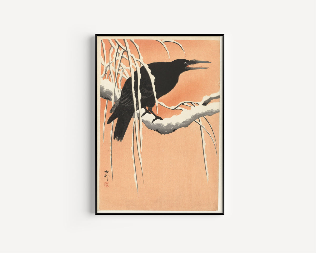 Ohara Koson — Crow on Snowy Branch | Japanese Bird & Flower Woodblock Print