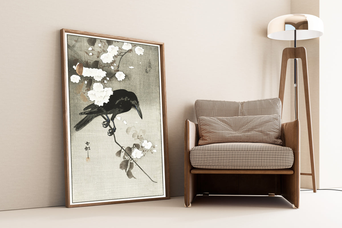 Ohara Koson — Crow with Cherry Blossom | Japanese Bird & Flower Woodblock Print