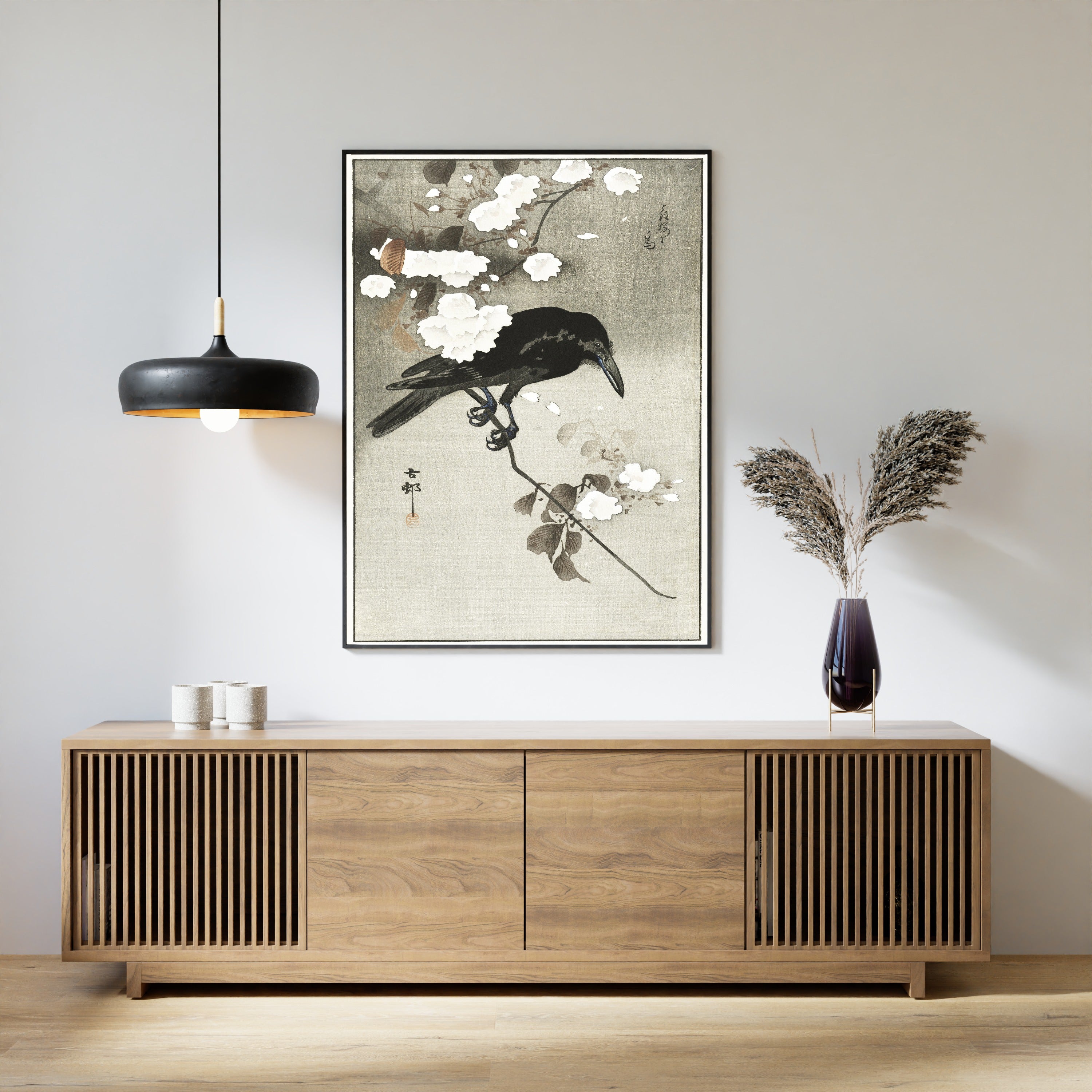 Ohara Koson — Crow with Cherry Blossom | Japanese Bird & Flower Woodblock Print
