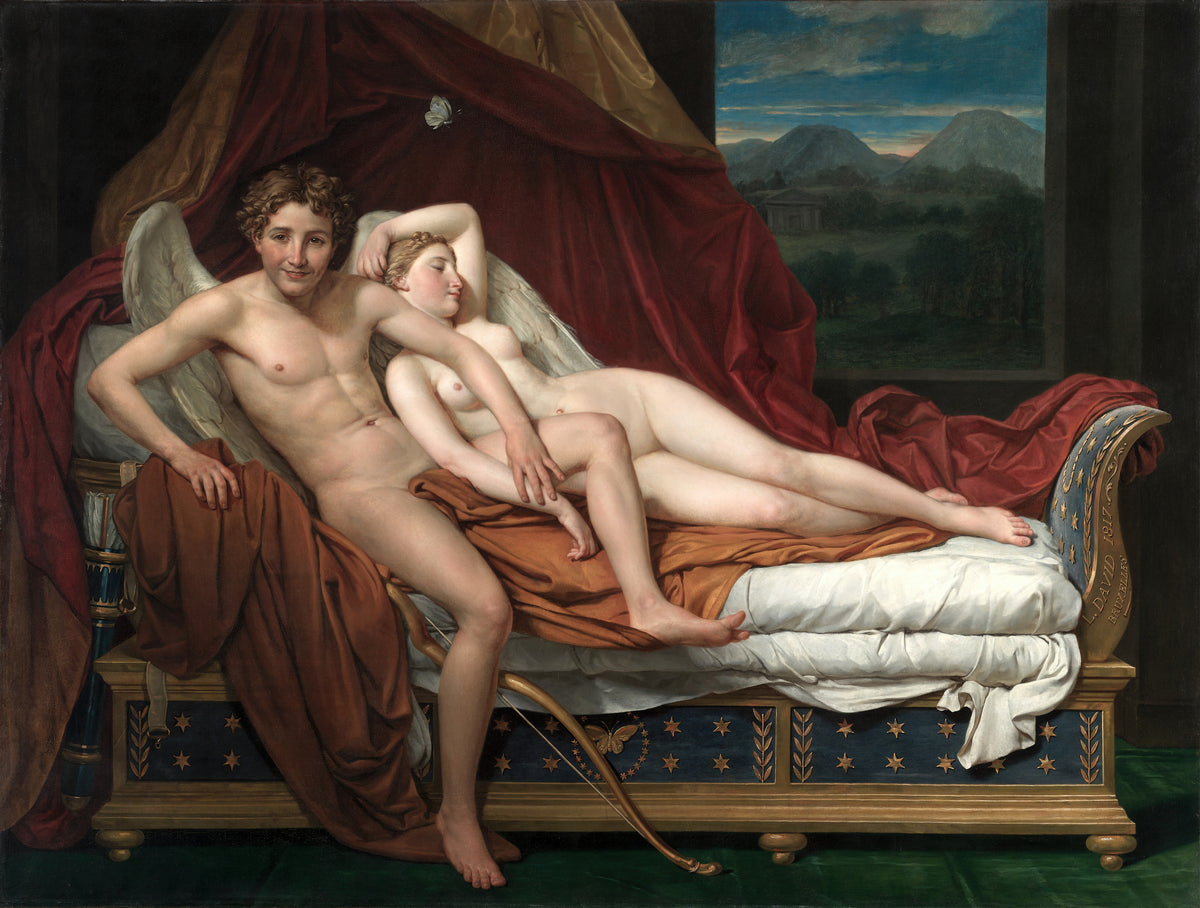 Cupid and Psyche by Jacques-Louis David — A winged young man smiles beside a sleeping woman on a gilt daybed