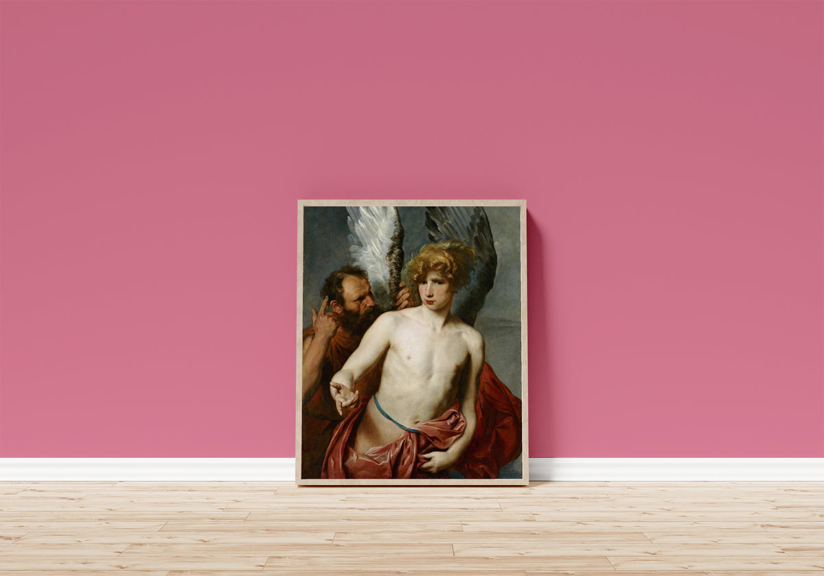 Framed art print of Daedalus and Icarus by Anthony van Dyck, in a light wood frame leaning on a pink wall above a wooden floor