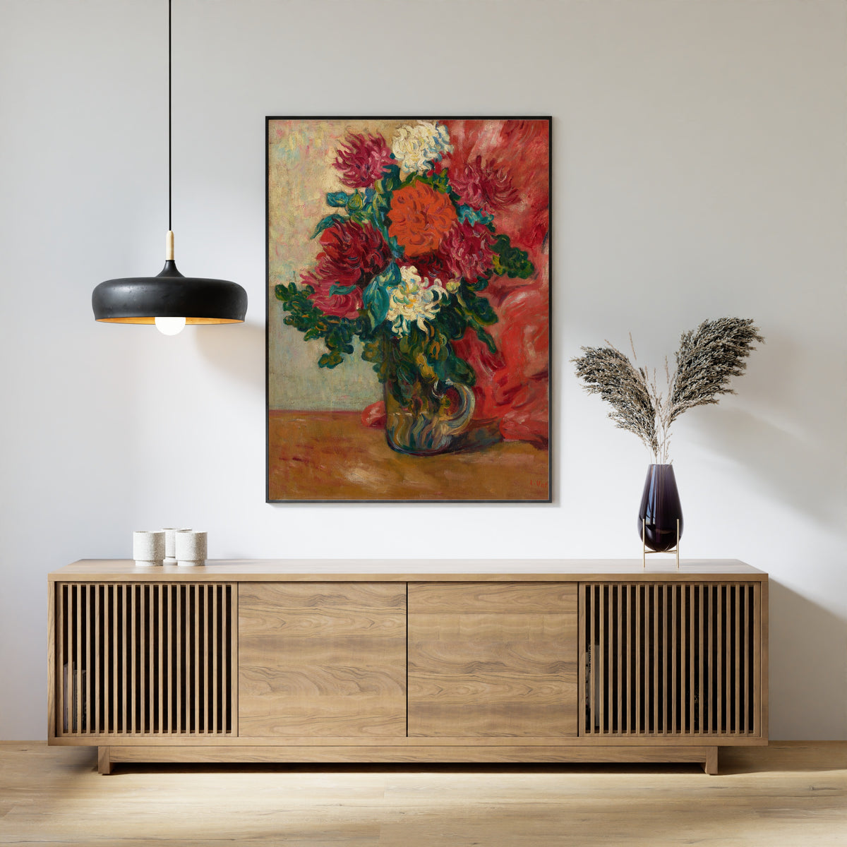Louis Valtat — Dahlias à la cruche en verre devant une tenture rouge | Fauvist Fine Art Print